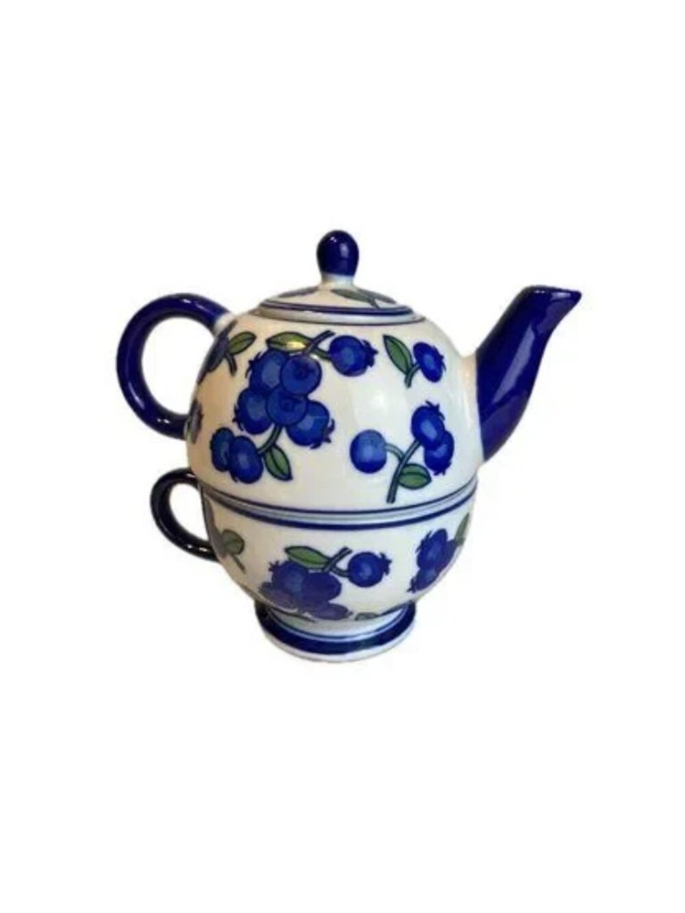 April Cornell Individual Tea Pot & Lid with Cup Blueberry Pattern Discontinued
